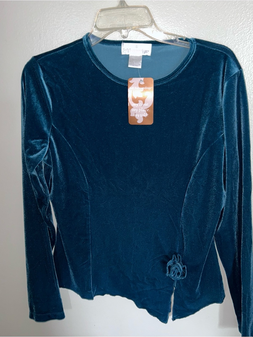 NWT Soft Surroundings Green Velvet 3D Flower Design Large Tunic Long Sleeve